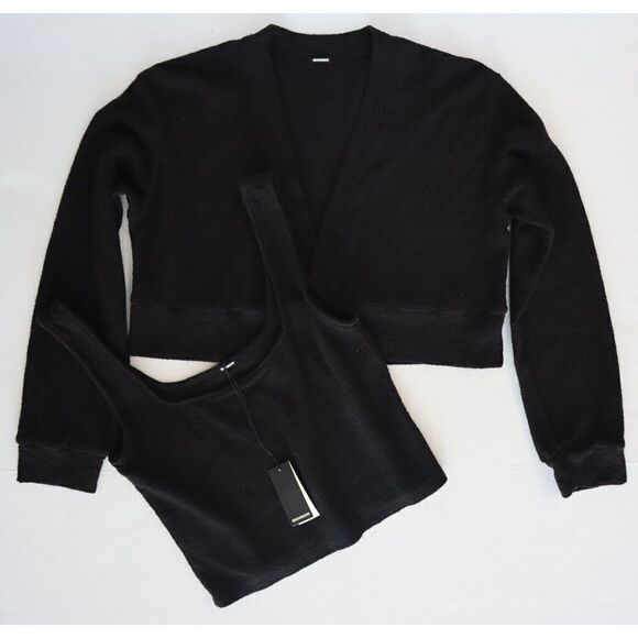 Monrow Women Sz S Black French Terry Tank Top & L/S Cropped Shirt 2-Pc Set - Picture 2 of 11